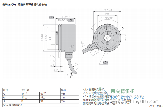 RI58-G/RI58-TG標(biāo)準(zhǔn)空心軸光電增量編碼器的外形及安裝尺寸(安裝方式D：帶前夾緊環(huán)的通孔空心軸) 德國hengstler(亨士樂)編碼器