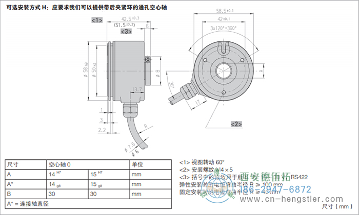 RI58-G/RI58-TG標(biāo)準(zhǔn)空心軸光電增量編碼器的外形及安裝尺寸(可選安裝方式H) 德國hengstler(亨士樂)編碼器