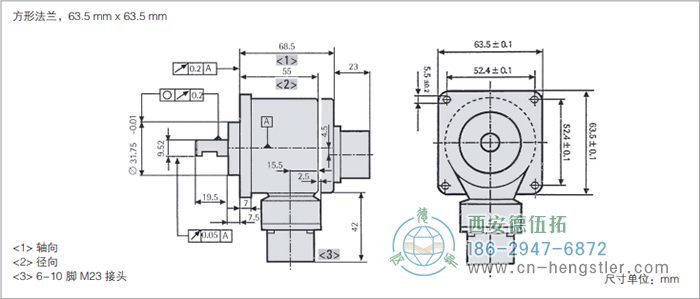 RI58-O/RI58-T標準實心軸光電增量編碼器外形及安裝尺寸(方形法蘭，63.5mm×63.5mm) 德國hengstler(亨士樂)編碼器