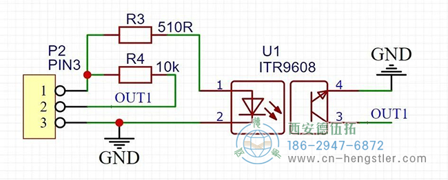 ITR9608是一種常見的對(duì)射式光電開關(guān)，加兩個(gè)電阻就可以使用了，設(shè)計(jì)了簡(jiǎn)單的原理圖